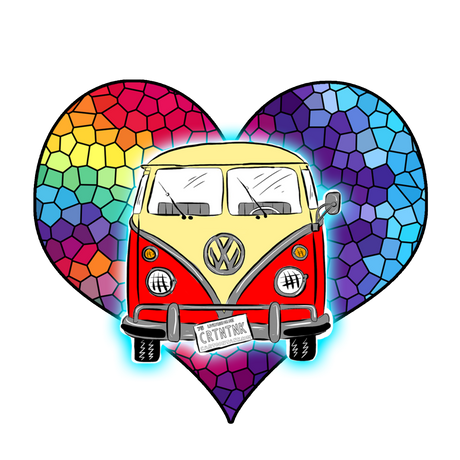 A graphic design featuring a retro red and cream Volkswagen Type 2 van centered inside a large heart-shaped mosaic background with rainbow colors. The van has a license plate reading 'CITYWIDE' and is set against a solid black background. Original art drawn by Christopher A. Leach